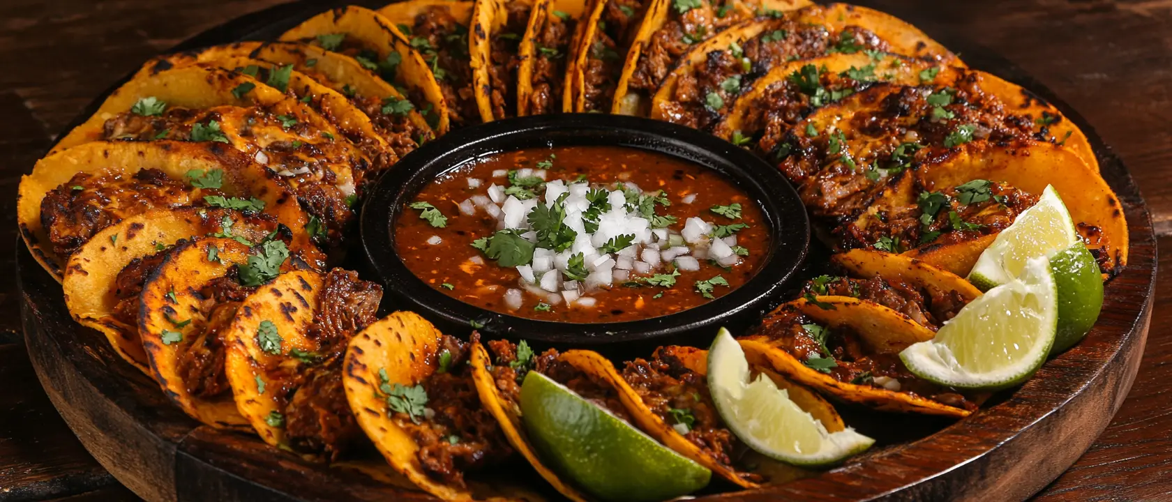 "A platter of golden, crispy birria tacos arranged in a circular pattern around a black bowl filled with rich consommé, garnished with fresh cilantro and diced onions. Lime wedges are placed beside the tacos for added zest."