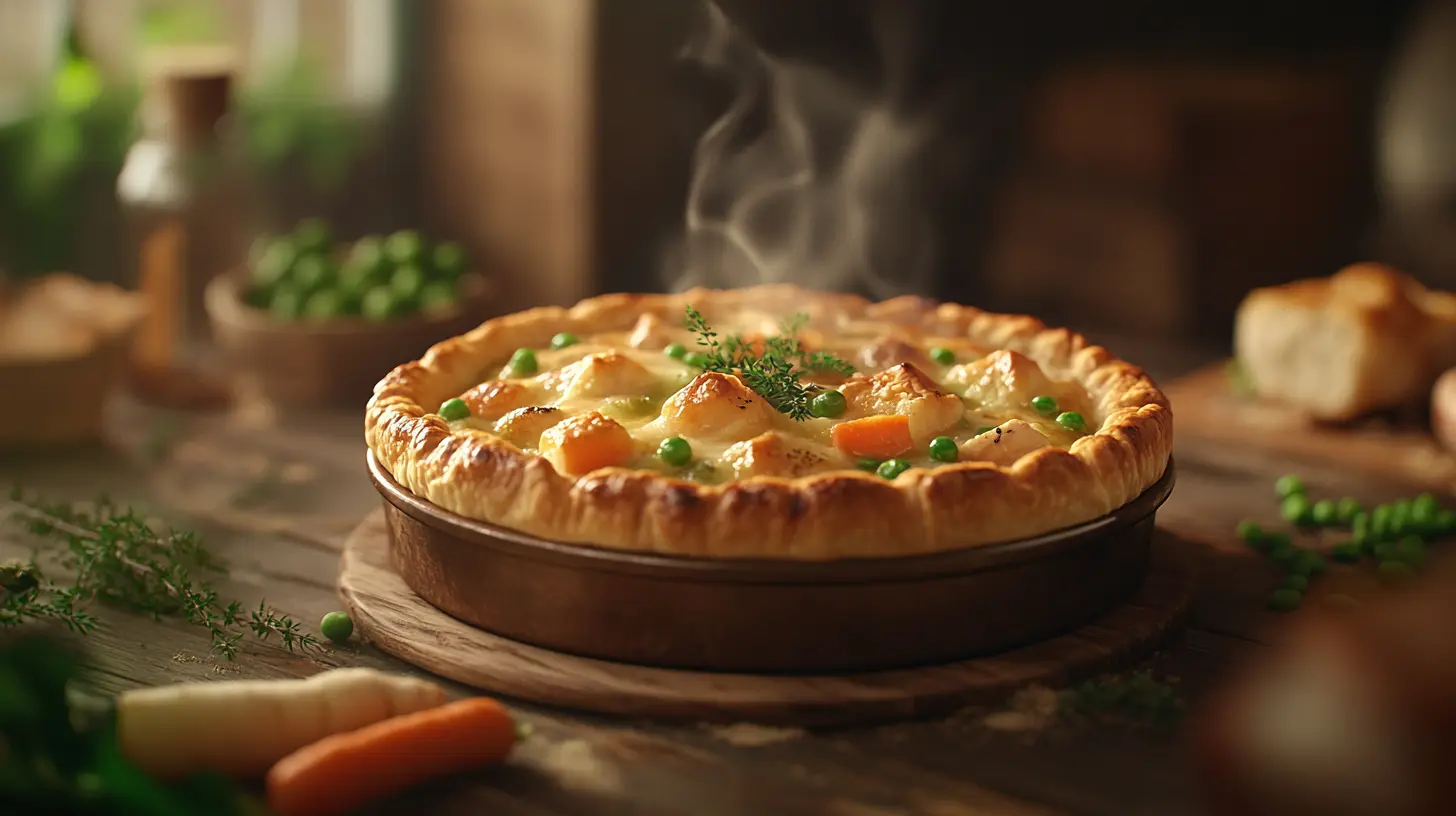 A freshly baked chicken pot pie with a golden, flaky crust, topped with herbs and filled with creamy chicken, carrots, and peas, served on a rustic wooden table.