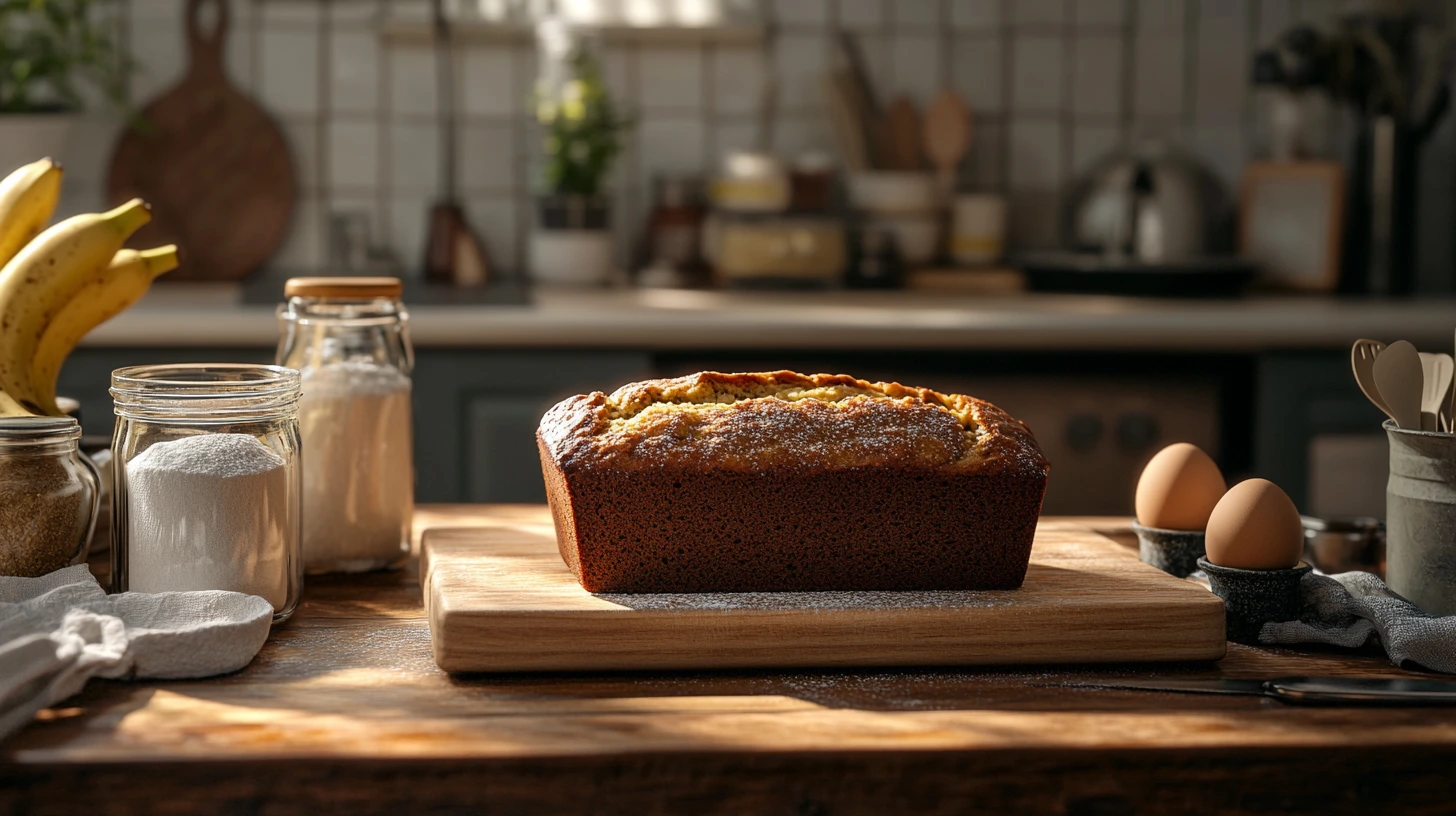 "Freshly baked banana bread loaf dusted with powdered sugar on a wooden board, surrounded by jars of sugar and flour, bananas, and eggs in a rustic kitchen setting." "Freshly baked banana bread loaf dusted with powdered sugar on a wooden board, surrounded by jars of sugar and flour, bananas, and eggs in a rustic kitchen setting."
