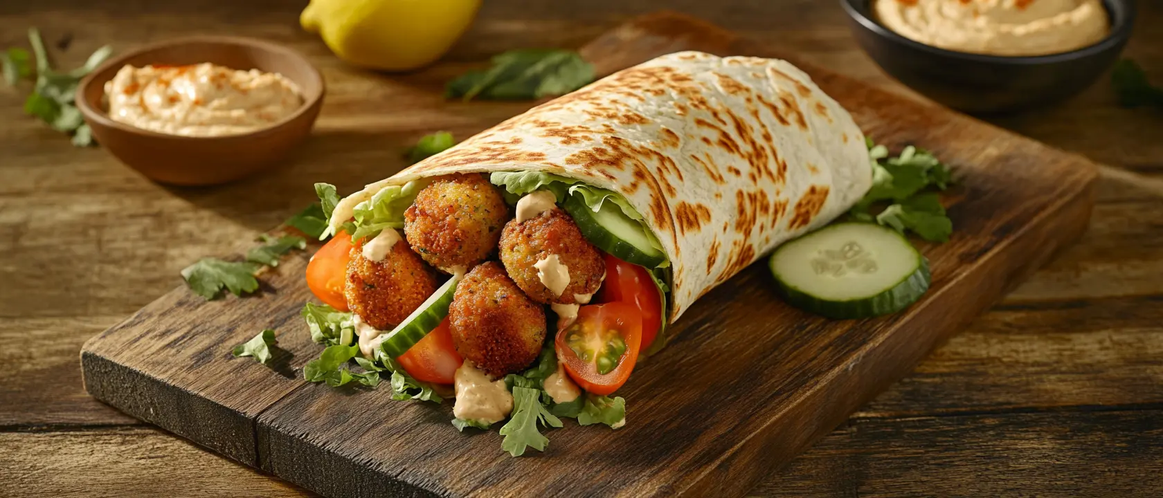 A delicious falafel wrap placed on a rustic wooden cutting board. The wrap is filled with crispy golden falafel balls, fresh lettuce, sliced cucumbers, and tomatoes, drizzled with creamy tahini sauce. Beside the wrap, there’s a bowl of hummus and cucumber slices, with lemon and parsley in the background.