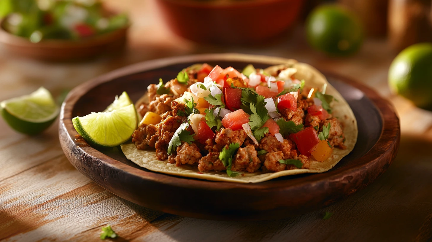 A close-up shot of a freshly prepared taco with ground turkey, diced tomatoes, onions, cilantro, and lime wedges on a wooden plate, placed on a rustic wooden table. Caption: A mouthwatering ground turkey taco garnished with fresh vegetables and served with lime for a zesty touch