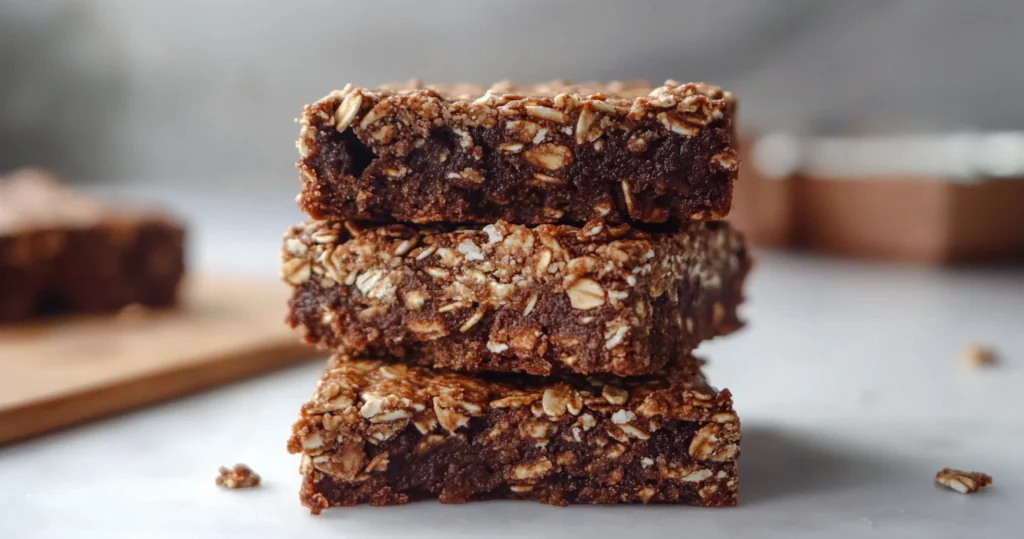 A stack of three low-fat protein oat brownies with a rich, chocolatey texture and visible rolled oats on the surface. The moist and dense brownies sit on a light-colored surface, with a blurred background that highlights their rustic and wholesome appearance.





A stack of three low-fat protein oat brownies with a rich, chocolatey texture and visible rolled oats on the surface. The moist and dense brownies sit on a light-colored surface, with a blurred background that highlights their rustic and wholesome appearance.







