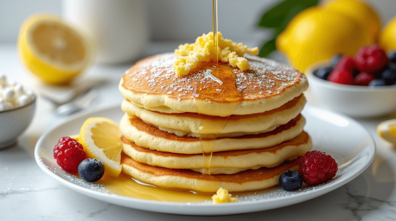 A stack of fluffy lemon ricotta pancakes topped with a drizzle of syrup and fresh lemon zest, accompanied by berries and sliced lemons on a white plate
