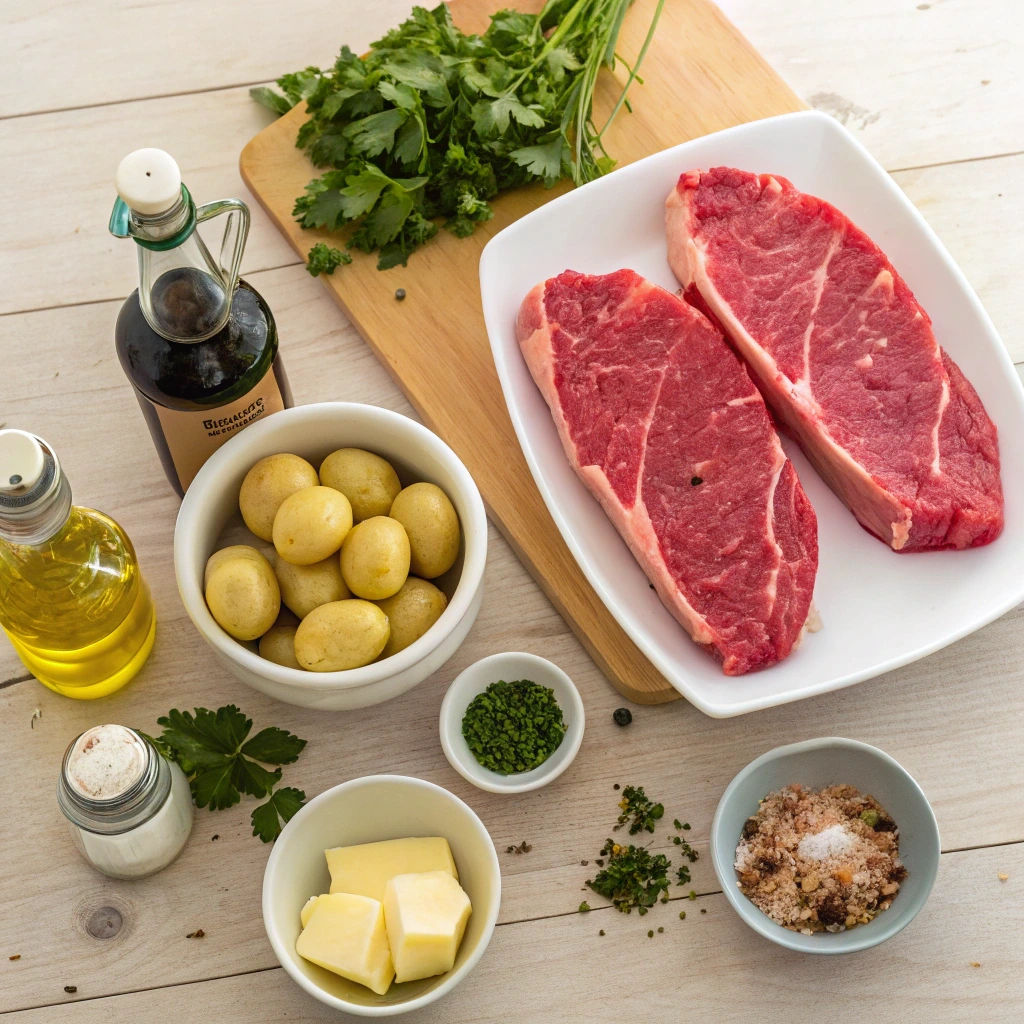 Juicy Steak and Roasted Potatoes with Homemade Chimichurri Sauce 2 Fresh ingredients for juicy steak with roasted potatoes and chimichurri sauce